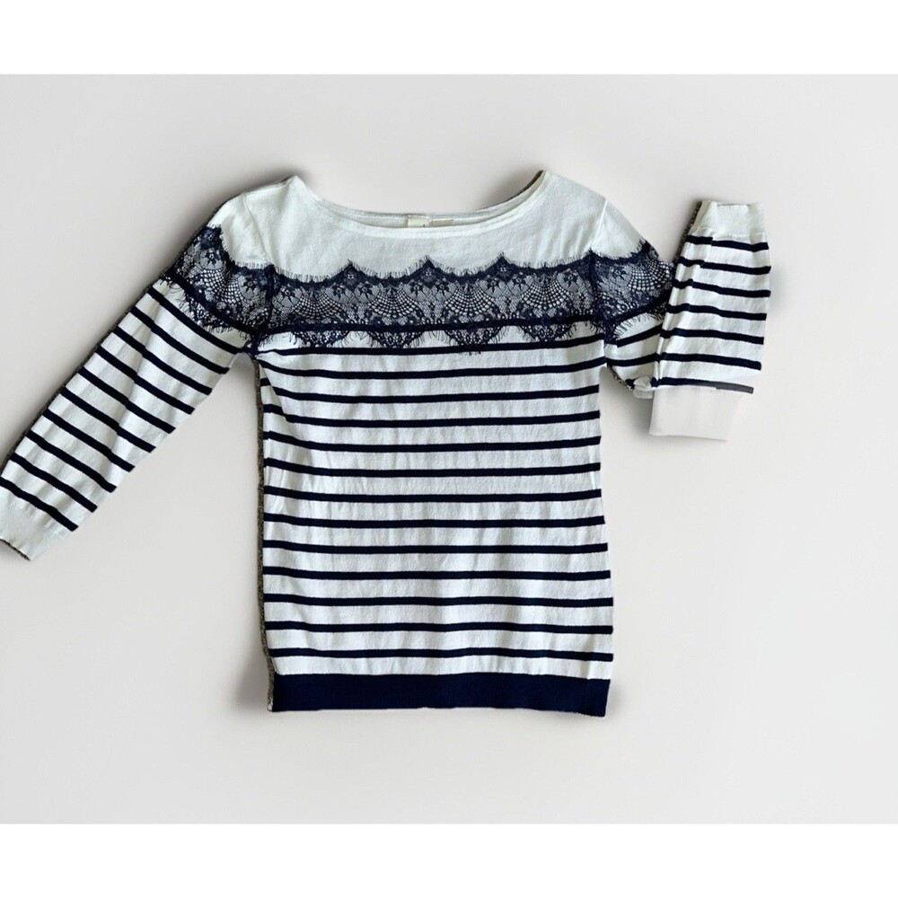 Francescas Women M Breton Stripe Sweater Navy Lace Trim Coastal Nautical Knit